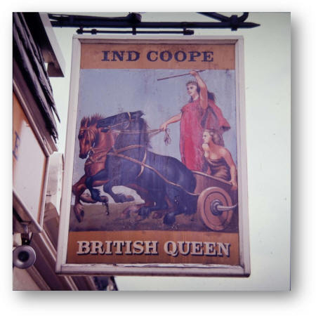 British Queen, Queen's Road, Buckhurst Hill, an Ind Coope sign in the 1970s