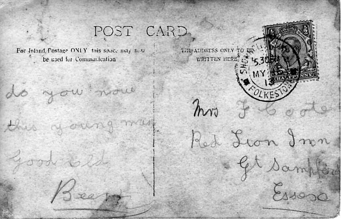 In 1917, Frederick Coote was the publican, this is a card posted from Folkestone in 1913