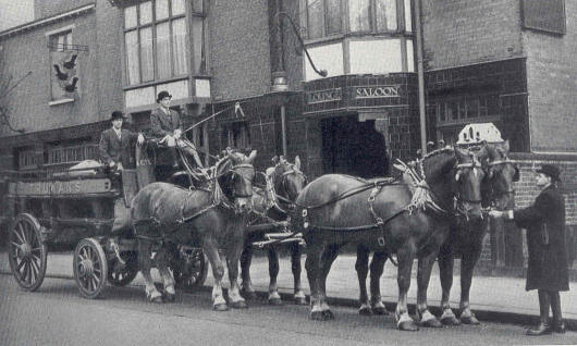 The Trumans Four Horse Team delivering to the Three Blackbirds, Leyton in 1952