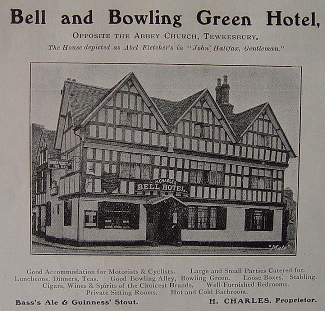 Bell & Bowling Green Hotel, opposite the Abbey Church, Tewkesbury - 1907 advertisement