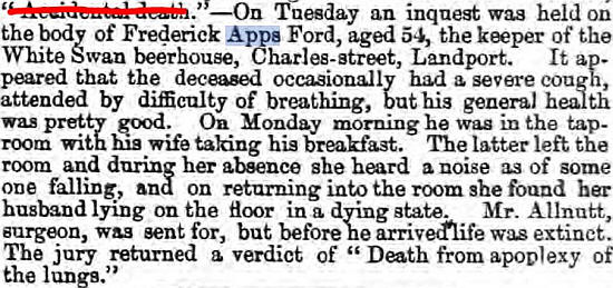 1862 : On Tuesday an inquest was held on the body of Frederick Apps Ford, aged 54, the keeper of the White Swan beer house, Charles Street, Landport.