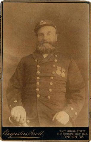 William Jones in his coastguard uniform. I am not sure but think his medals may be Royal Navy long service/good conduct and the Baltic Medal for service in the Baltic theatre of operations during the Crimean War.