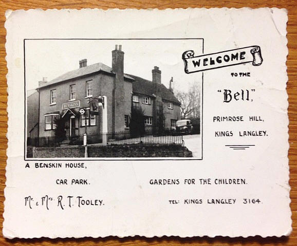 Bell, Primrose Hill, Kings Langley business card - Licensees are Mr & Mrs R T Tooley circa 1955