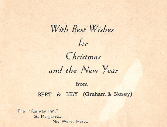 Inner leaf of the Christmas card pictured above.  Note the reference to the "Railway Inn" at the lower left. Bert & Lily are my mother and father, Mr. & Mrs. Albert E. Pugh