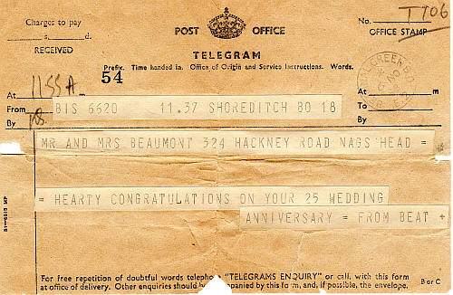 Telegram in November 1948 to Mr & Mrs Beaumont, 324 Hackney Road - on their twenty fifth wedding anniversary