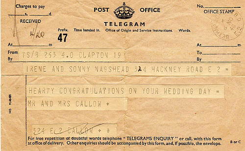 Telegram on the wedding day & to Irene and Sonny, 324 Hackney Road