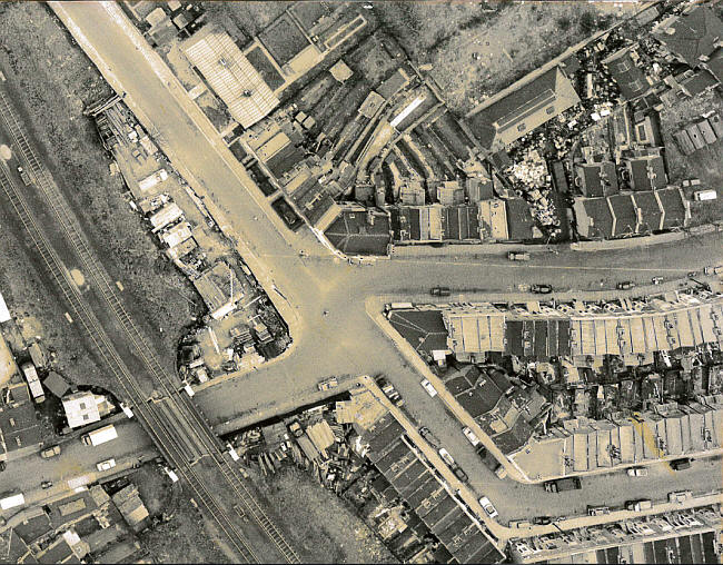 An Ariel photo of the Duke of Cambridge and Hook Road prior to demolition. The pub being at 12 o’clock at the road junction.