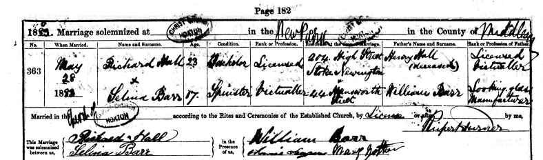 The marriage certificate of Richard Hall (son of Henry Hall - deceased) & Catherine Barr (daughter of William Barr) - May 28 1883 at 204 Stoke Newington High Street