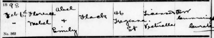 1898 - Florence Mabel, daughter of Abel (licenced victualler) & Emily FLACK of 46 Tregenna Street