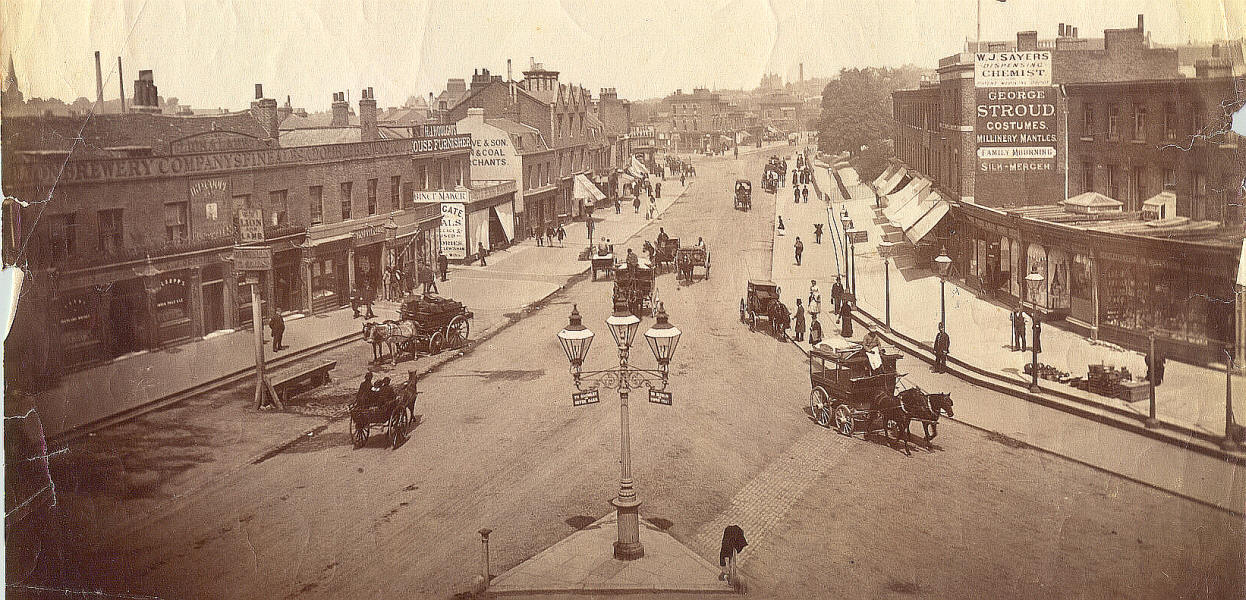 Lewisham High Street, in 1890 showing the Lion & Lamb on the left, and also many other premises