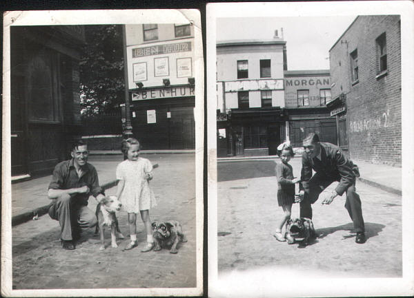 This shows my uncle Arthur and his daughter, the pub is just visible on the left of the picture, with the old Ben-Hur cinema in the rear taken around 1943.