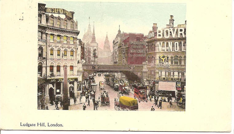 Old King Lud, 12 Ludgate Circus, EC4 in 1909, the King Ludd is the building at the left of the photo.