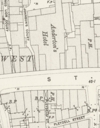 Andertons Hotel, Fleet street is clearly marked on the 1893 Ordnance Survey