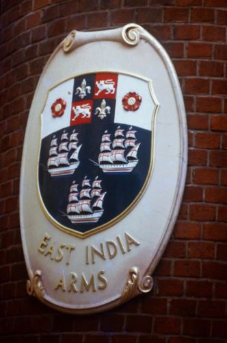 The pub sign of the East India Company Arms, circa 1980.