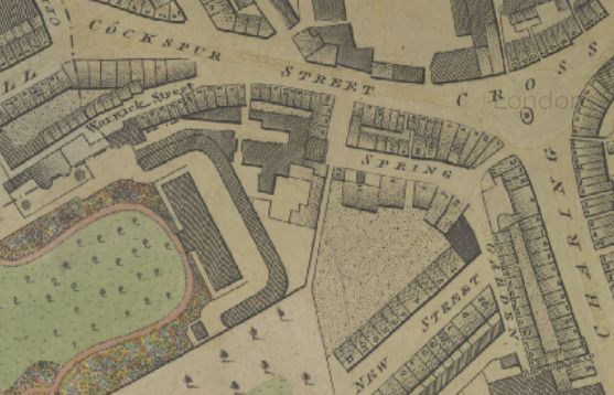 Spring Gardens, Cockspur street and Charing Cross in 1799