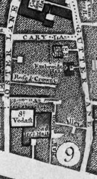 Number 9 is Half Moon Alley, Cheapside - in 1746 - see Rocques map