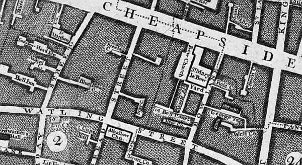 Mapping in 1746 of Cheapside and Friday street showing the Saracens Head Inn