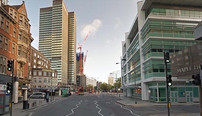 Euston Tower (where the Adam and Eve was) and also Warren street station with Maples (on the right) - in 2012