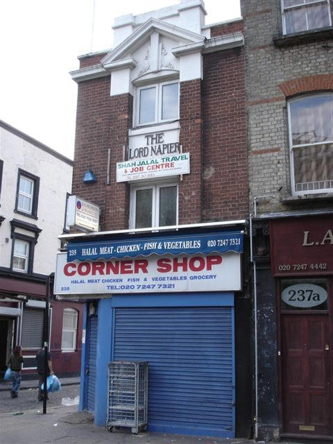 Lord Napier, 235 Whitechapel Road, previously listed at 111 Whitechapel Road. The pub closed at some time before 1983 and the premises are now in use as a grocer's store.