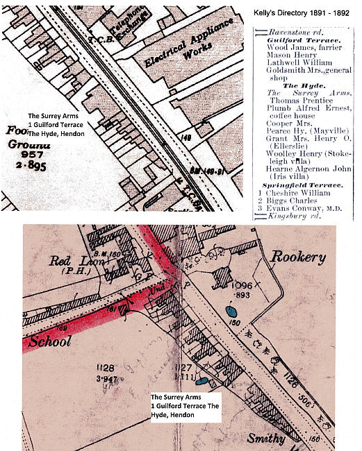 A map and plan of residents in Guildford Terrace, The Hyde in 1891