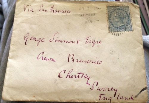Letter to George Simmons Esquire, Crown Breweries, Chertsey, Surrey, England - Via San Francisco, and from New Zealand