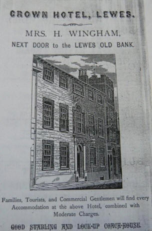 Crown, High Street, Lewes - 1883 Advertisement listing Mrs H Wingham