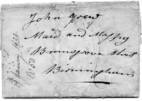 Letter to John Grew, Maid & Magpy, Bromsgrove Street, Birmingham in 1838