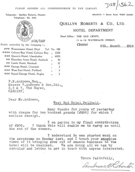 Quellyn Roberts and Co Ltd, Hotels in 1936
